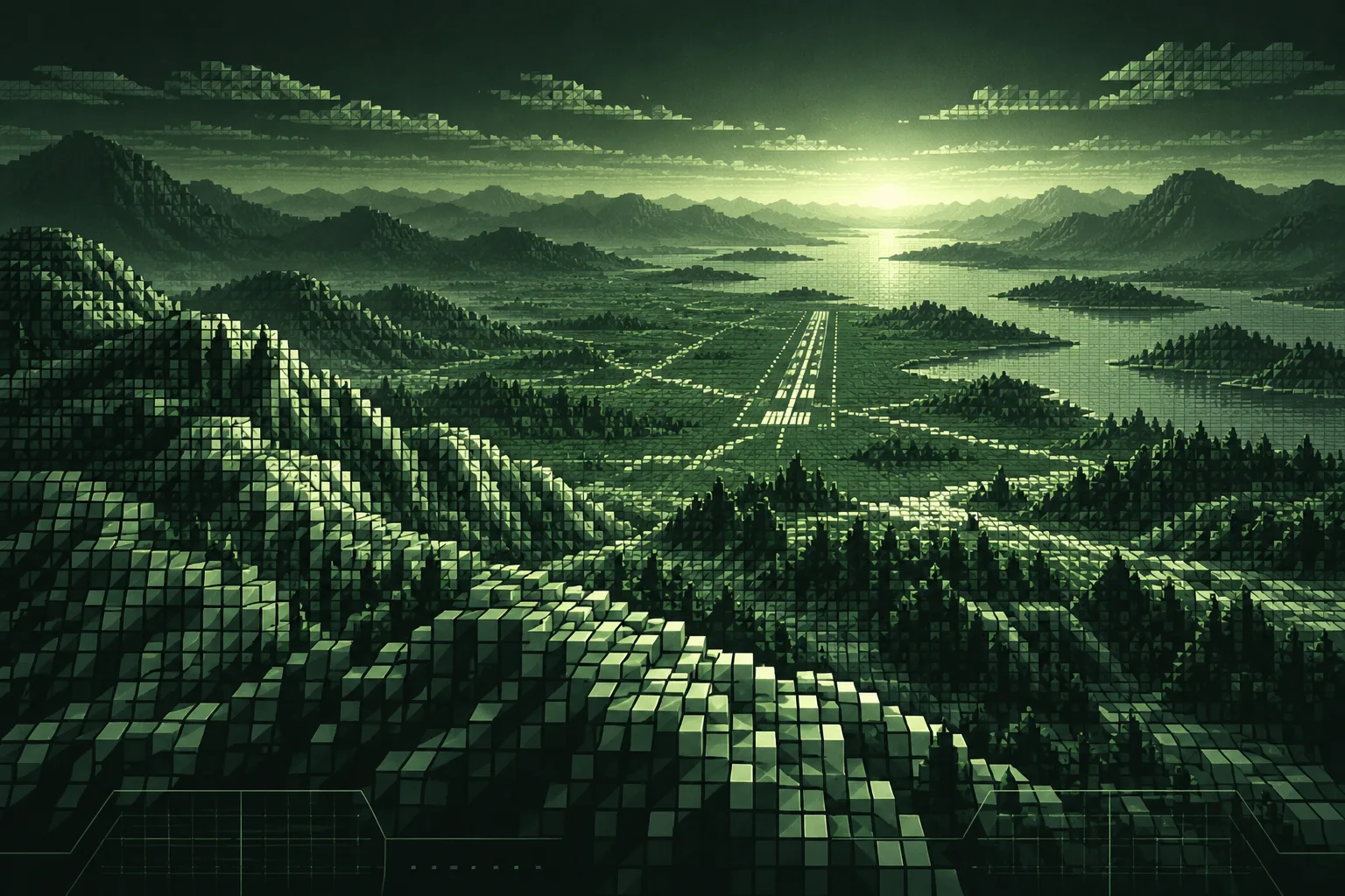 A green console landscape seen from a low flying cockpit