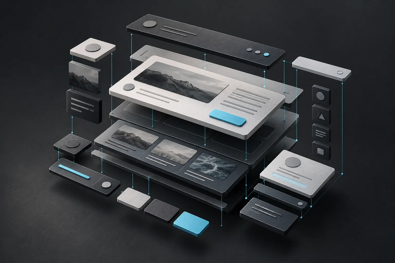 A reusable design system shown as a quiet grid of modular components