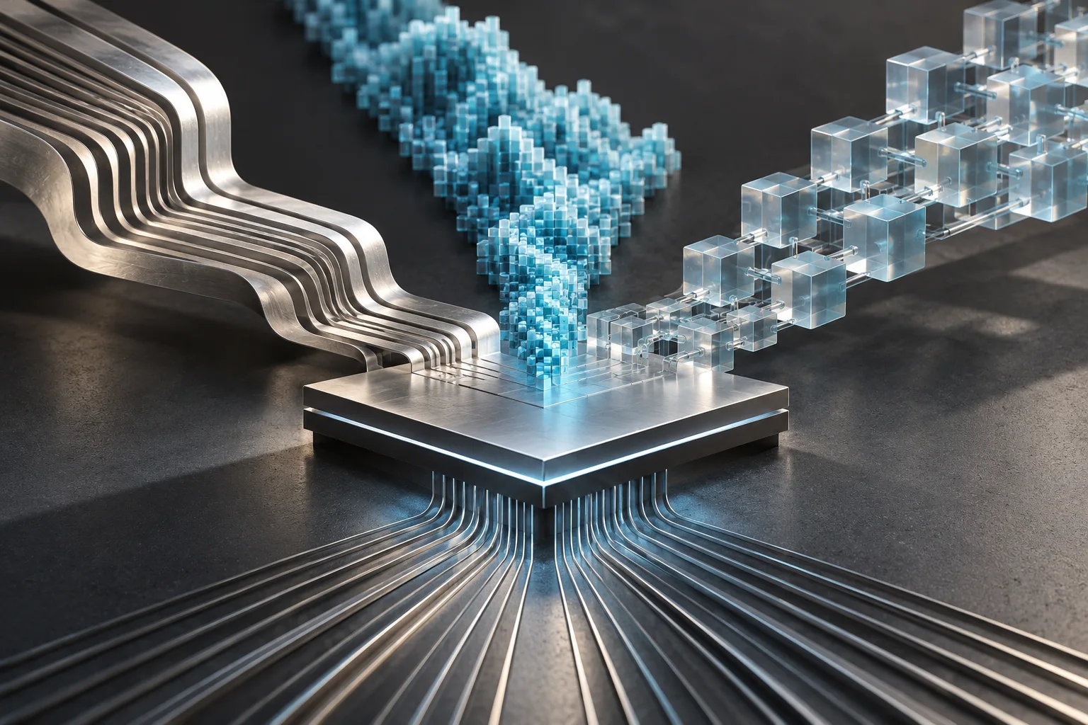 A layered schematic of a small GPU language pipeline in cyan and silver