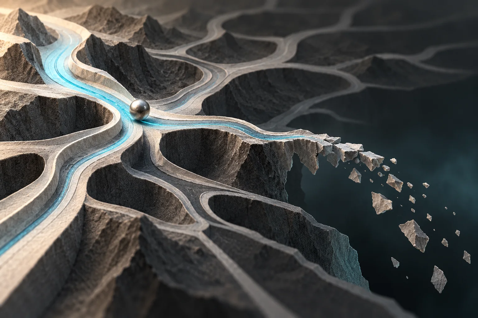 A silver sphere follows one illuminated route across a branching, broken landscape