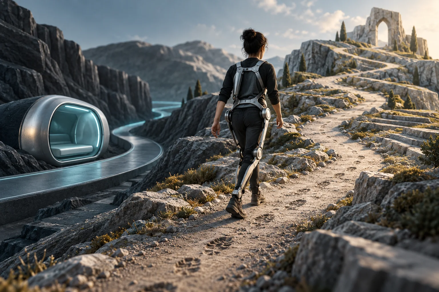 A person walks a difficult path with a light exoskeleton that extends their reach
