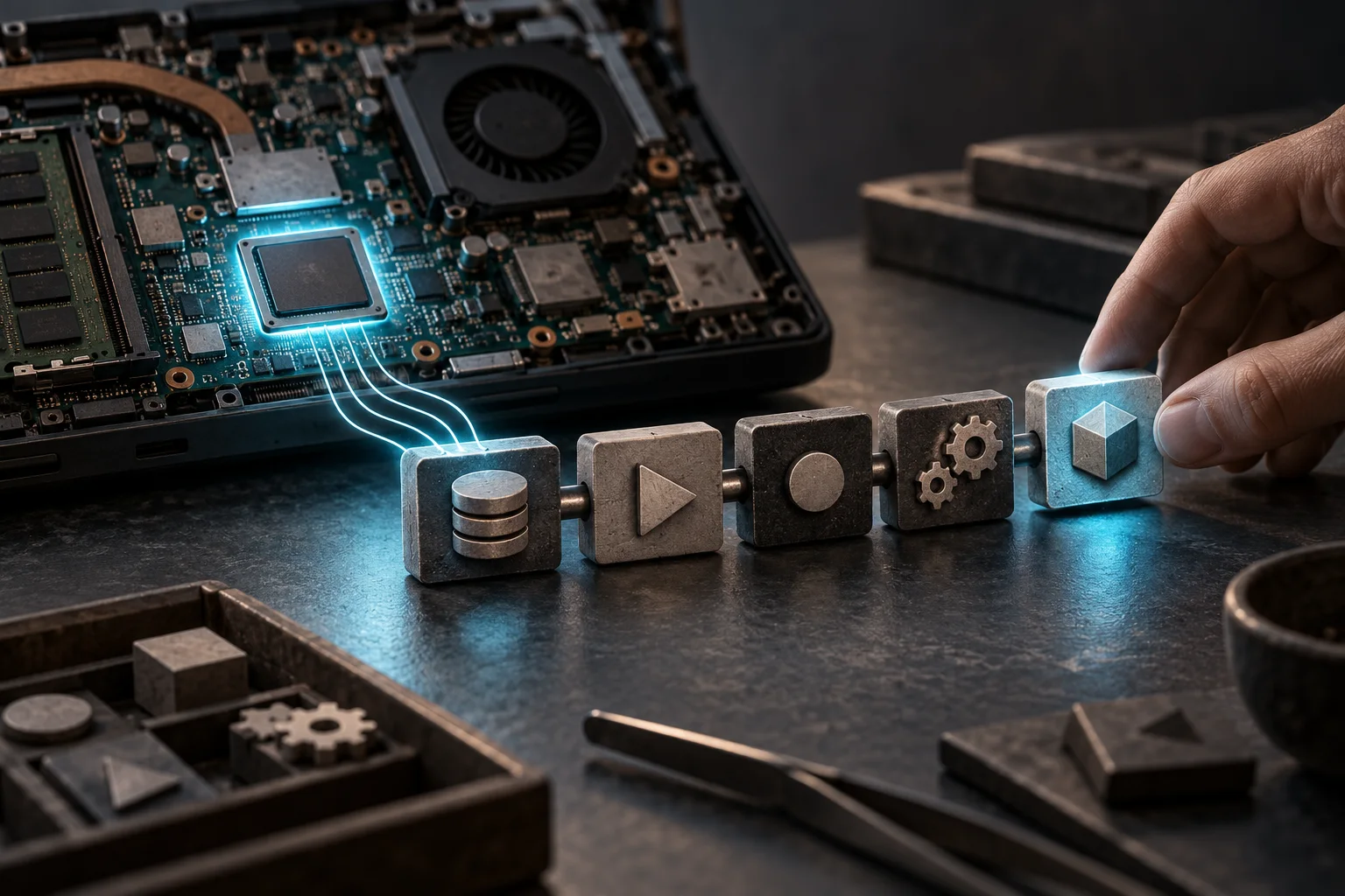 A modest integrated graphics chip connected to a short chain of understandable computing blocks